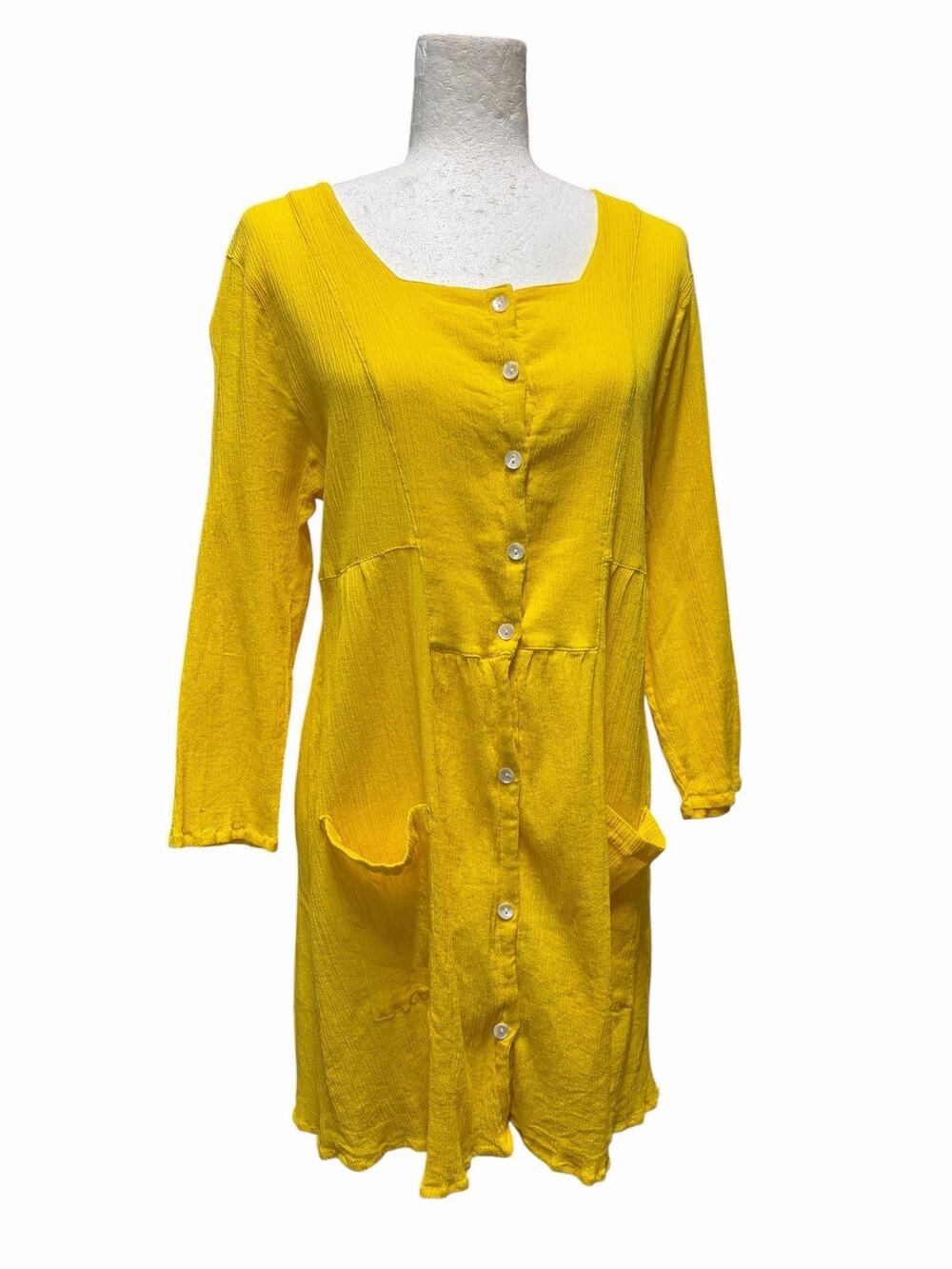 Gudrun Sjoden Gauze Yellow Tunic Dress Pockets Cottagecore Square Neck Large